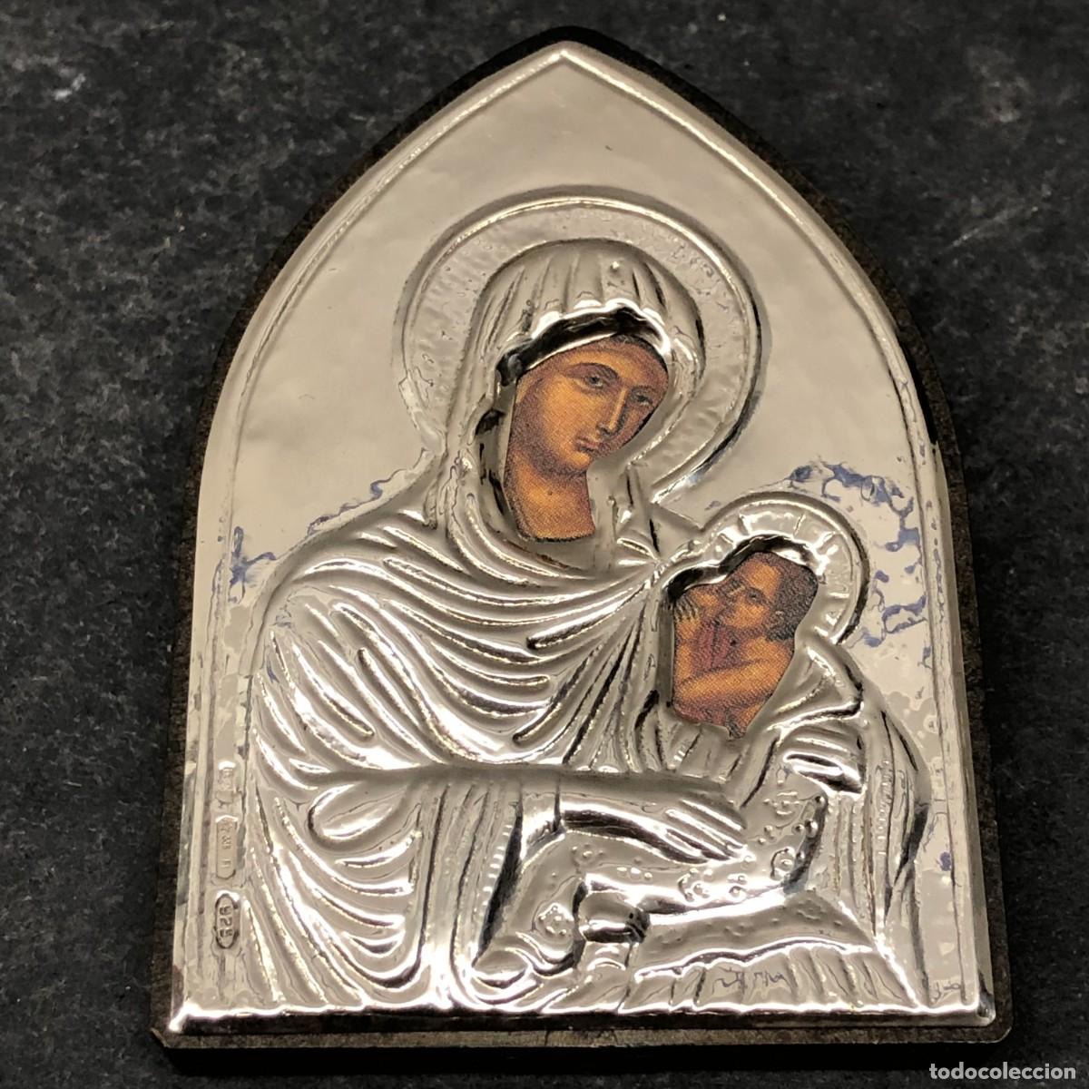 Arte: ICONO RELIGIOSO DE VIAJE - ESTILO BIZANTINO ORTODOXO - PLATA DE LEY SOBRE MADERA - 7 X 5 CM / 499