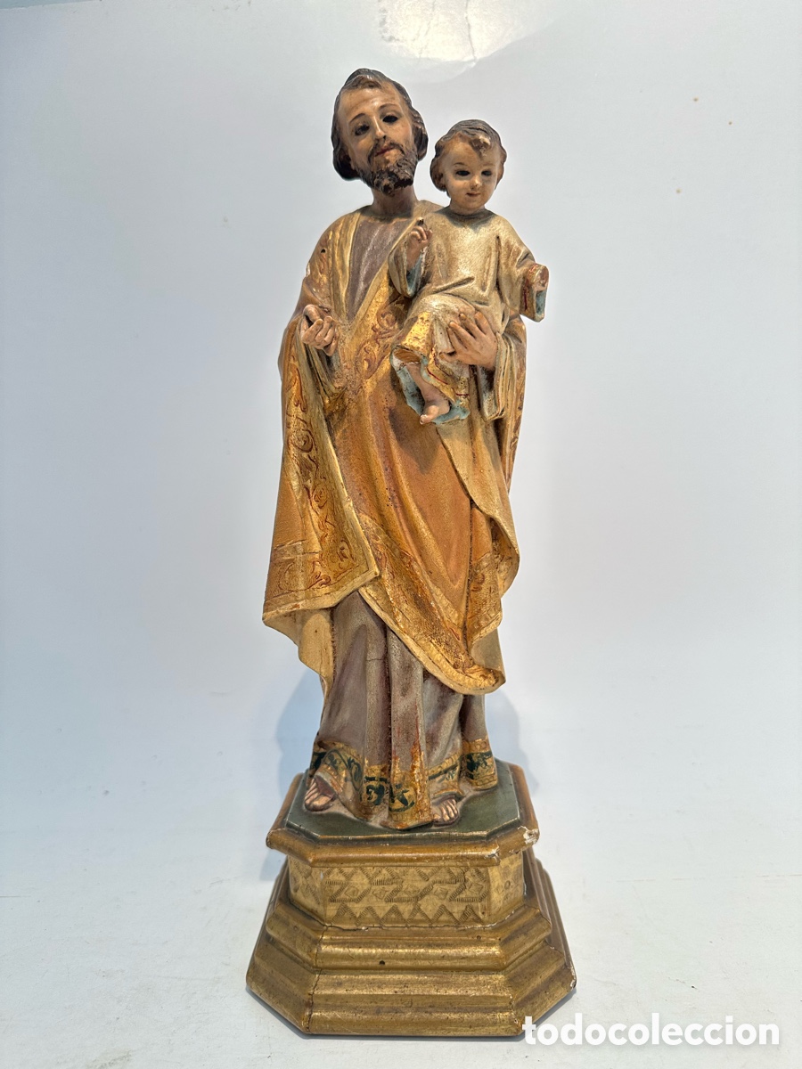 Arte: ANTIGUO SAN JOSE Y NI&Ntilde;O JESUS DE TALLA MADERA POLICROMADO. SIGLO XIX. 32CM.