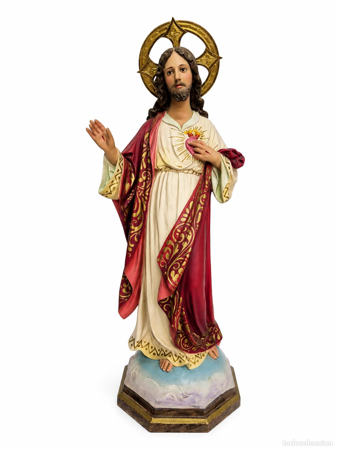 Arte: Precioso Sagrado Coraz&oacute;n - Estuco Policromado - Talleres de Olot - Altura 57 cm