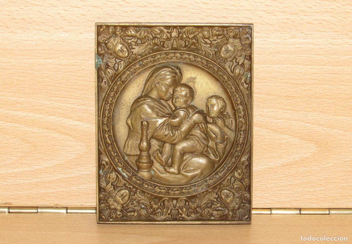 Arte: Placa bronce Virgen de la silla Ni&ntilde;o Jes&uacute;s San Juan Sanzio y poema Figueiredo Portugal numerada