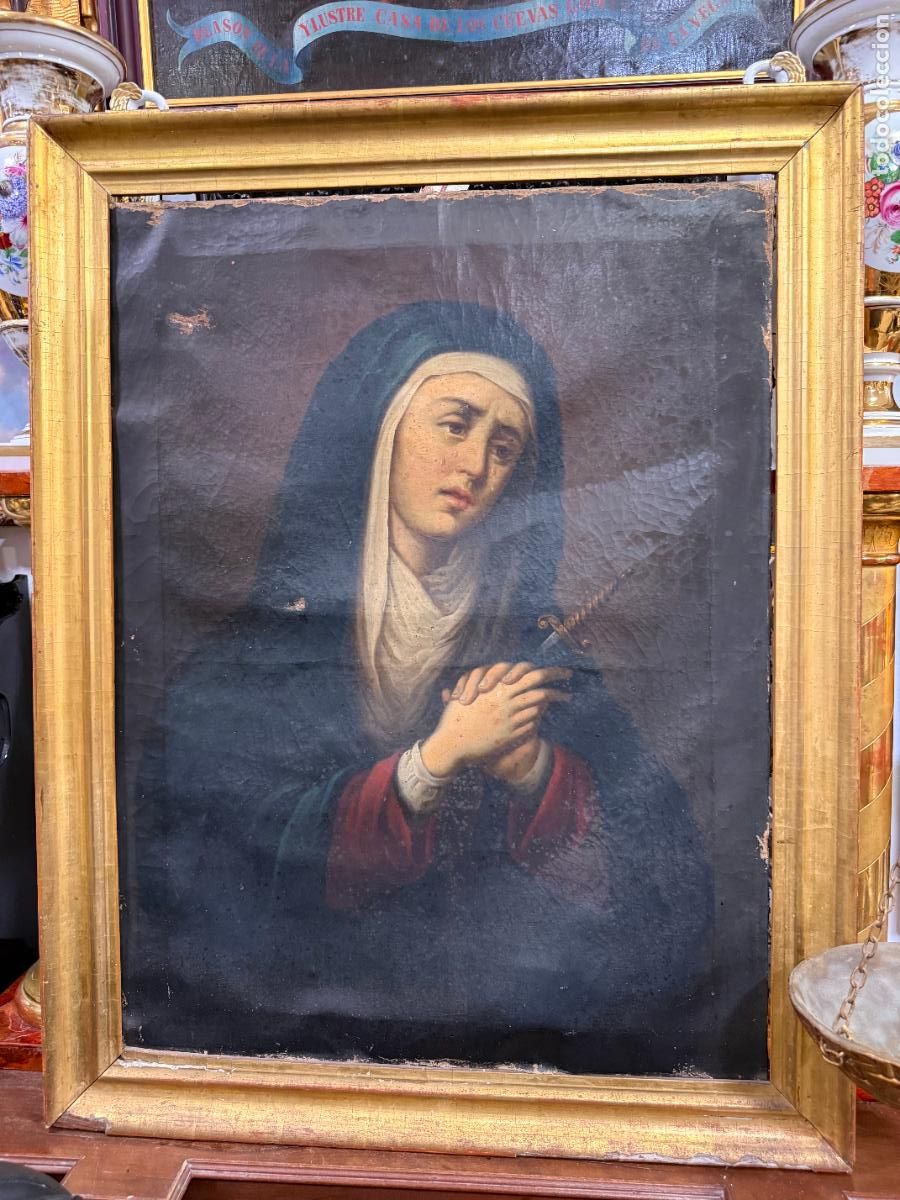 Arte: ANTIGUO OLEO SOBRE LIENZO CON IMAGEN DE VIRGEN DOLOROSA - MEDIDA TOTAL 95X75 CM - RELIGIOSO