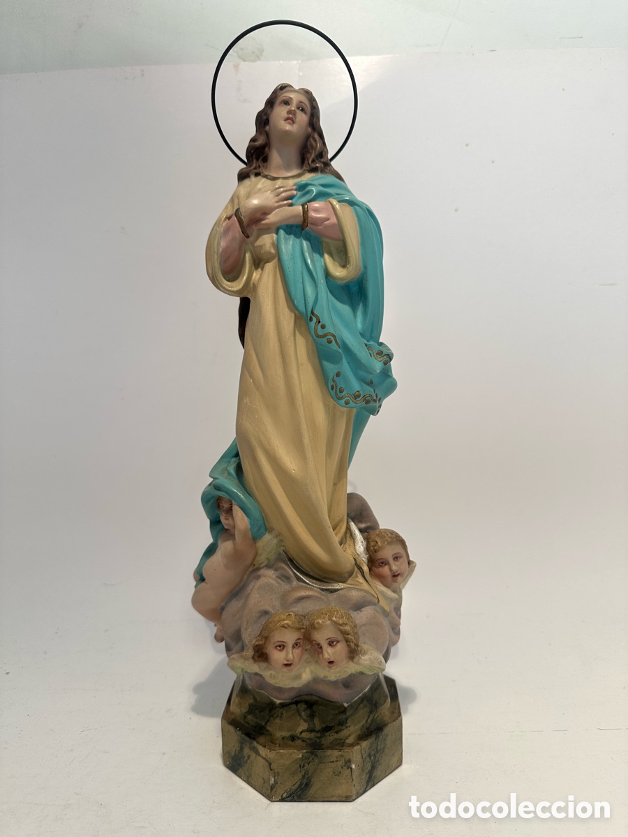 Arte: PRECIOSA VIRGEN PURISIMA CONCEPCION (MURILLO) DE ESTUCO. SELLO LLOBET OLOT. 34CM.