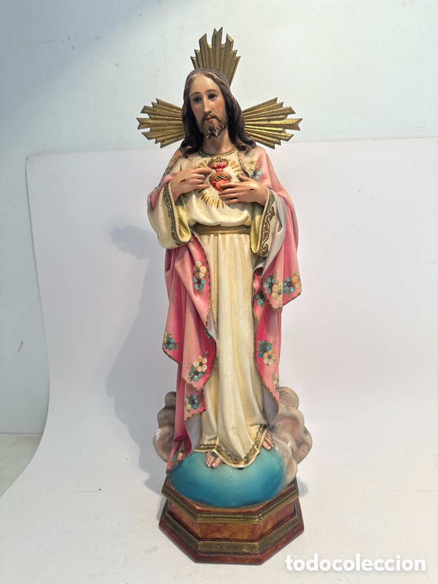 Arte: BONITO SAGRADO CORAZ&Oacute;N JESUS DE PASTA DE MADERA Y OJOS DE CRISTAL. MODELO OLOT. 50CM.