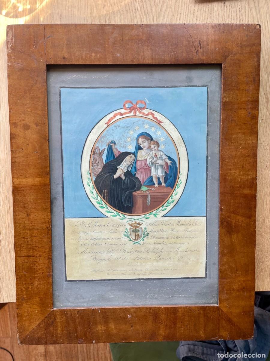 Arte: Pintura sobre papel finales siglo XVIII con marco de &eacute;poca: Aparici&oacute;n de la Virgen