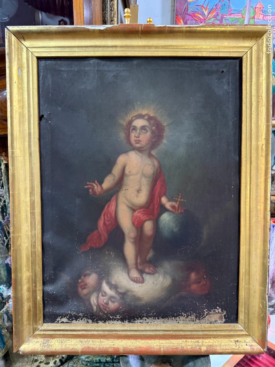 Arte: ANTIGUO OLEO SOBRE LIENZO NI&Ntilde;O JESUS - MEDIDA MARCO 66X52 CM - RELIGIOSO