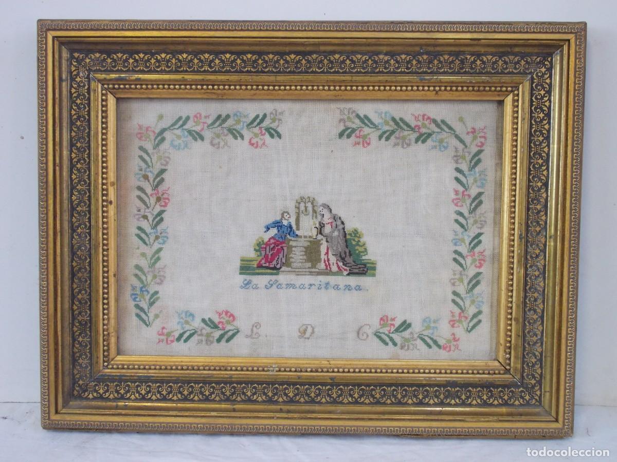 Arte: ANTIGUO CUADRO BORDADO RELIGIOSO LA SAMARITANA FANTASTICO MARCO S XIX