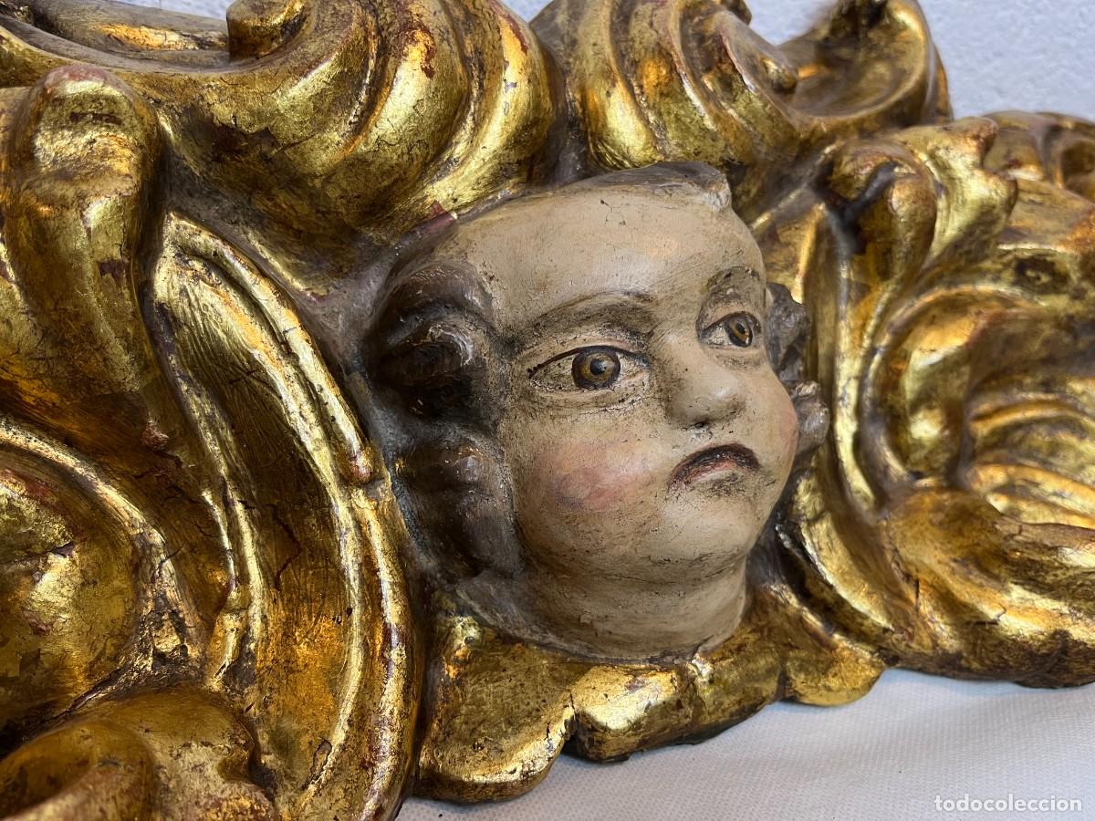 Arte: REMATE RETABLO BARROCO QUERUB&Iacute;N MADERA TALLADA DORADA POLICROMADA SIGLOS XVIII XIX