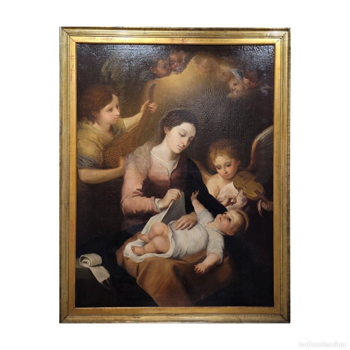 Arte: &Oacute;leo sobre lienzo &rdquo;Virgen de la faja&rdquo;, siguiendo a Murillo, hacia 1800 - Espa&ntilde;a