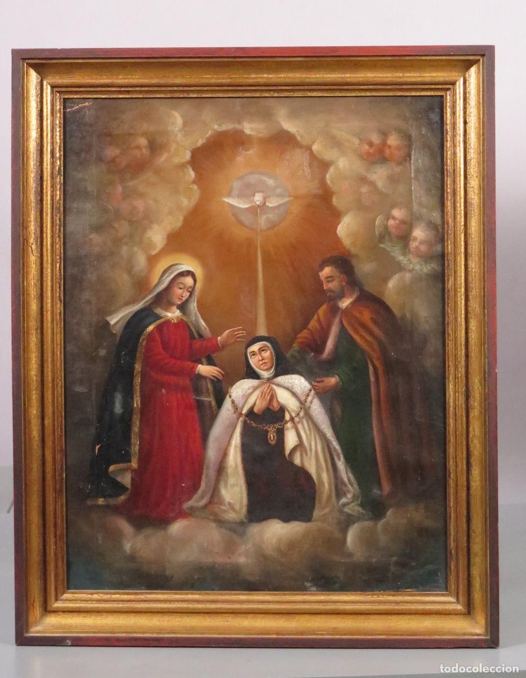 Arte: SANTA TERESA RECIBE EL COLLAR DE MANOS DE LA VIRGEN Y SAN JOSE. OLEO S/ LIENZO. ESCUELA ESPA&Ntilde;OLA.