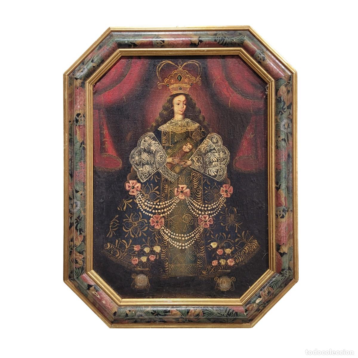 Arte: &Oacute;leo sobre lienzo &rdquo;Virgen del Rosario&rdquo; Escuela Virreinal Andina, 1900 - Cuzco, Per&uacute;