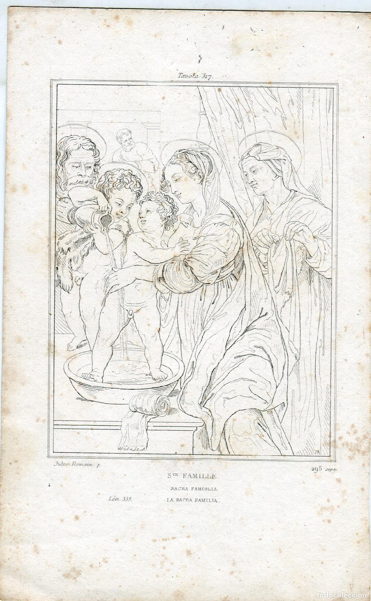 Arte: Sagrada Familia seg&uacute;n Giulio Romano - grabado original al buril - s. XIX