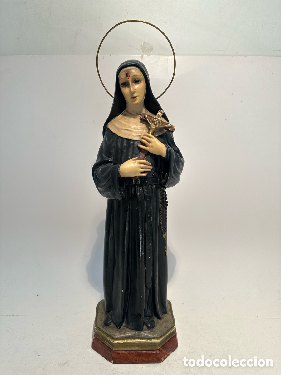 Arte: ANTIGUA SANTA RITA DE CASIA DE ESTUCO Y OJOS DE CRISTAL. 37CM. MODELO OLOT