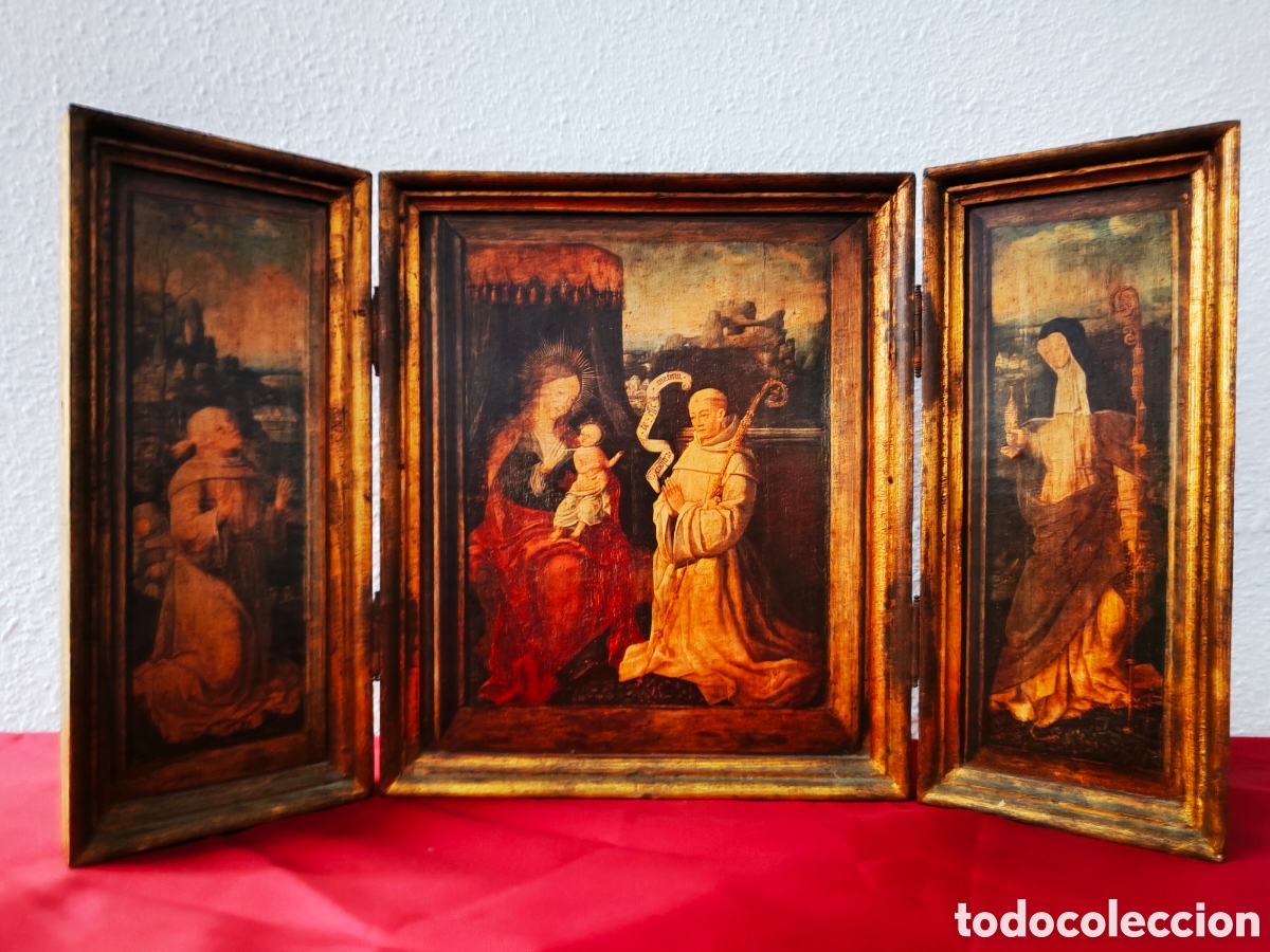 Arte: Tr&iacute;ptico Religioso Vintage Madera y Oro 58x34cm