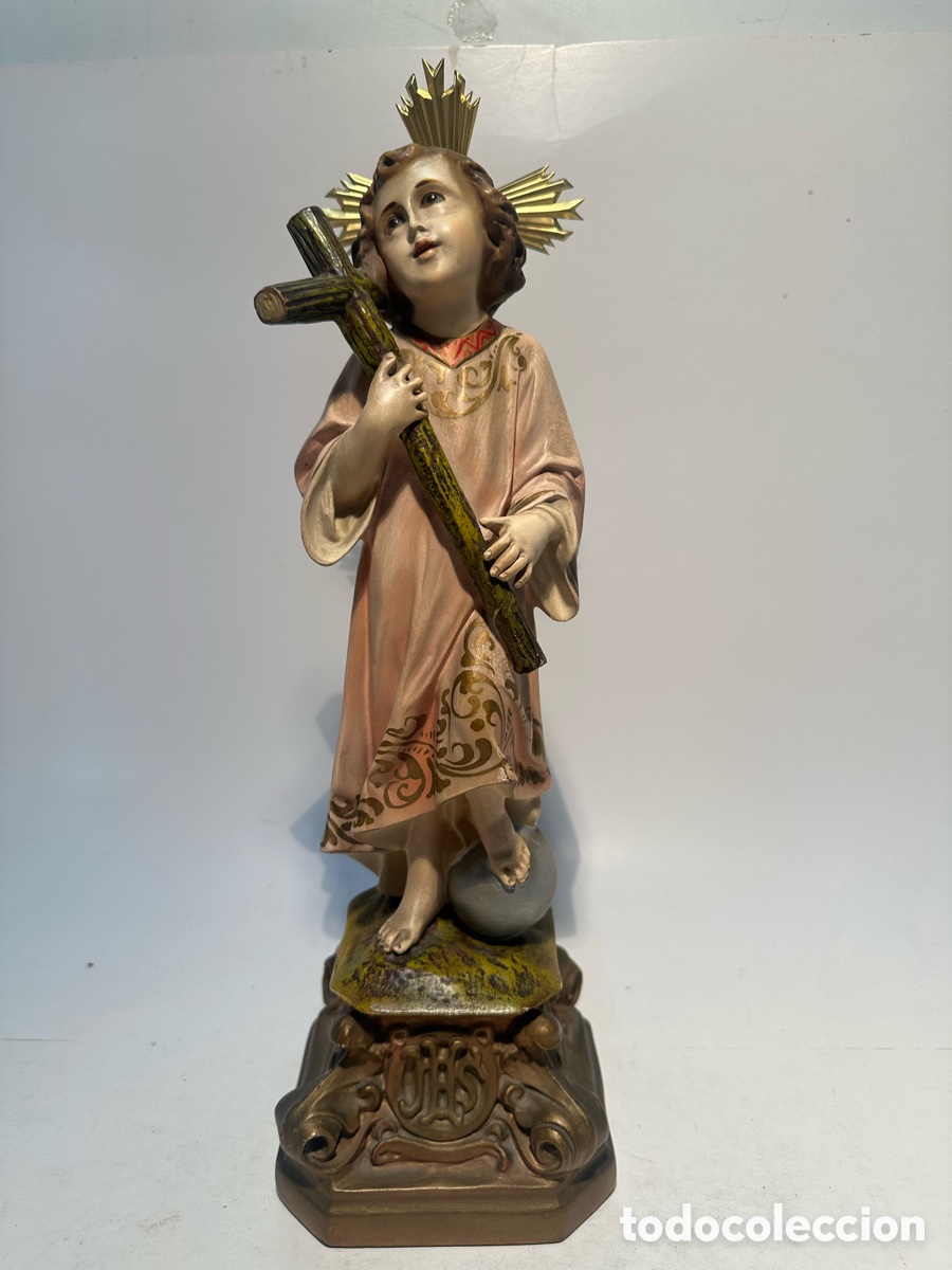 Arte: NI&Ntilde;O JESUS CRUZ EN BRAZOS, PASTA MADERA Y OJOS DE CRISTAL. MODELO ARTES RELIGIOSAS OLOT. 34CM.
