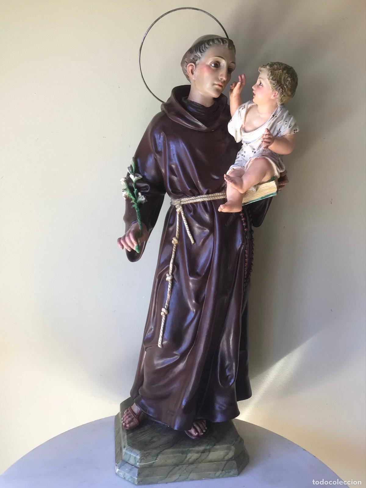 Arte: ANTIGUA Y GRANDE ESCULTURA DE OLOT , SAN ANTONIO CON EL NI&Ntilde;O JESUS , 70 CM ALTO , OJOS DE VIDRIO