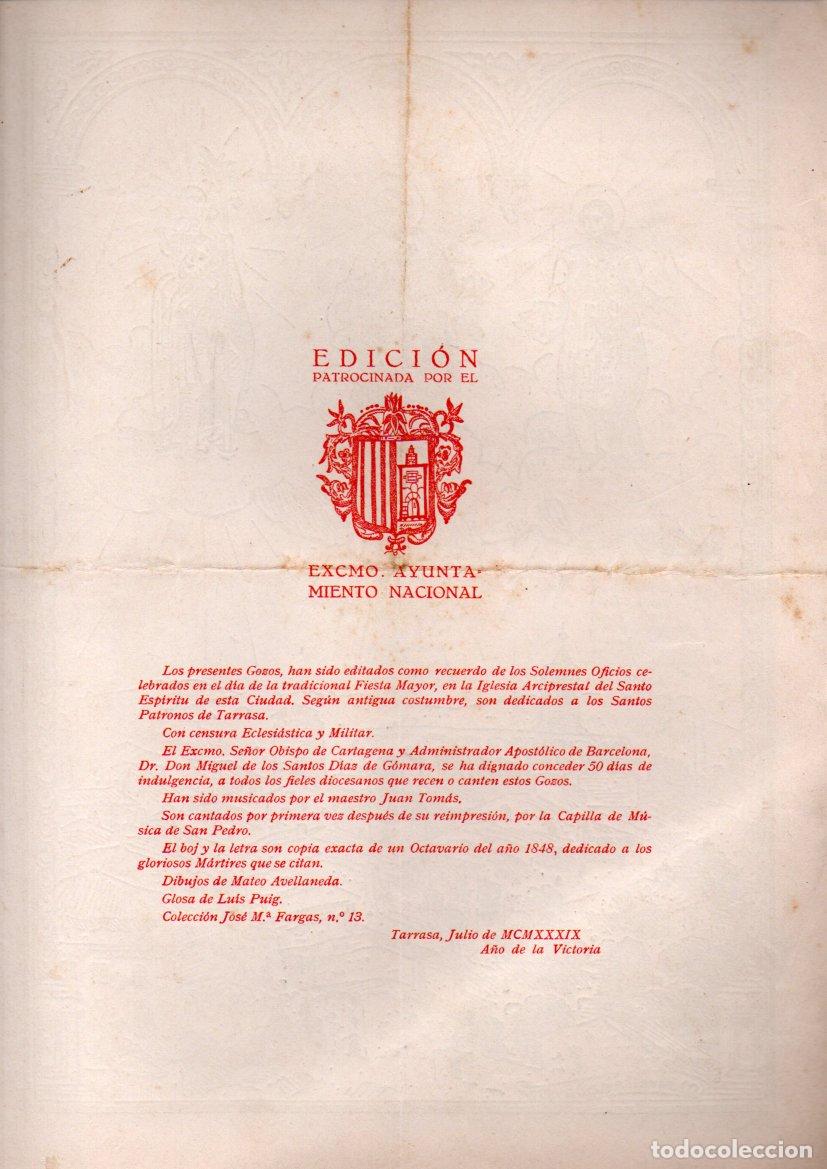 Arte: GOIGS - GOZOS A LOS M&Aacute;RTIRES S. PEDRO, S. CRIST&Oacute;BAL Y S. VALENT&Iacute;N PATRONOS DE TARRASA (1939) D&Iacute;PTICO