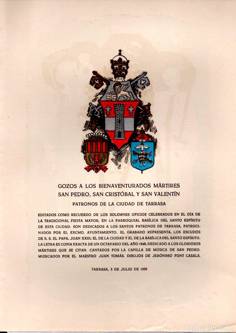 Arte: GOIGS - GOZOS A LOS M&Aacute;RTIRES S. PEDRO, S. CRIST&Oacute;BAL Y S. VALENT&Iacute;N PATRONOS DE TARRASA (1959) D&Iacute;PTICO