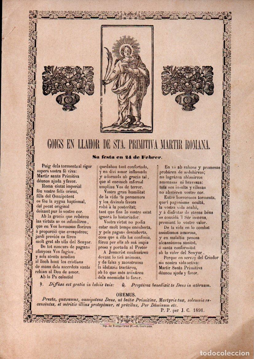 Arte: GOIGS EN LLAHOR DE STA. PRIMITIVA MARTIR ROMANA (1891) TIP. TORRAS CRUZ, S. GERVASIO