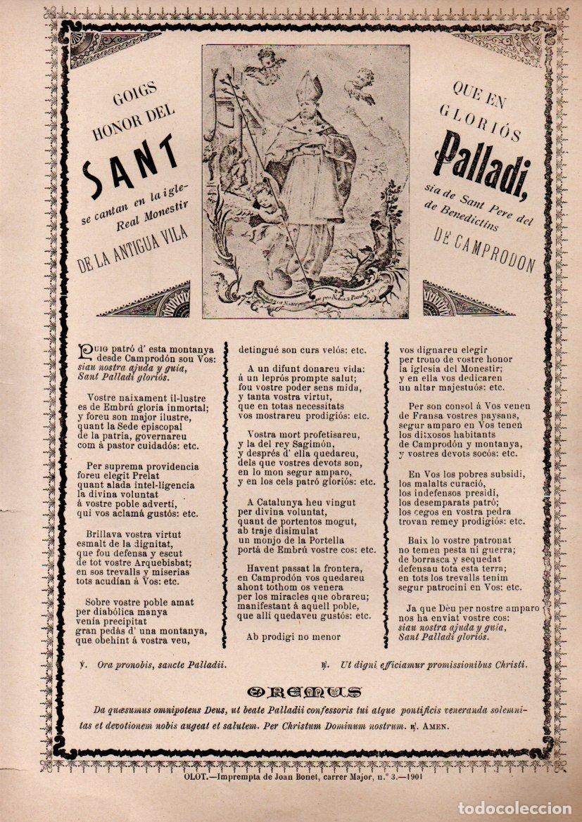 Arte: GOIGS EN HONOR DEL GLORI&Oacute;S SANT PALLADI - CAMPROD&Oacute;N (1901) IMP. BONET, OLOT