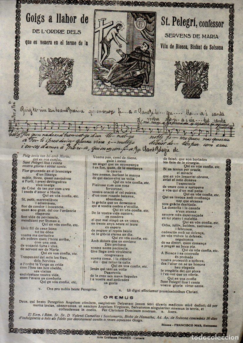 Arte: GOIGS A LLAHOR DE SANT PELEGRI CONFESSOR - BIOSCA (S.D.) IMP. PRUNES, CERVERA