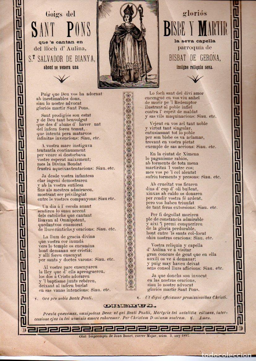 Arte: GOIGS DEL GLORIOS SANT PONS - AULINA, S. SALVADOR DE BIANYA (1897) IMP. BONET, OLOT