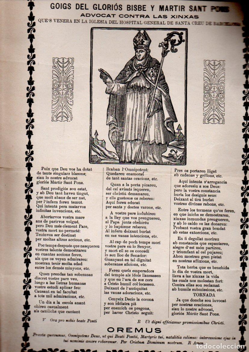 Arte: GOIGS DEL GLORIOS SANT PONS ADVOCAT CONTRA LOS XINXOS HOSPITAL DE LA SANTA CREU BARCELONA (S.D.)