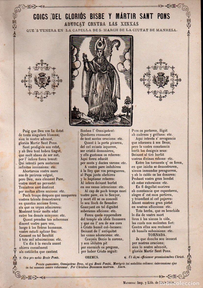 Arte: GOIGS DEL GLORIOS SANT PONS ADVOCAT CONTRA LAS XINXAS CAPELLA MARCH (S.D.) IMP. ROCA, MANRESA
