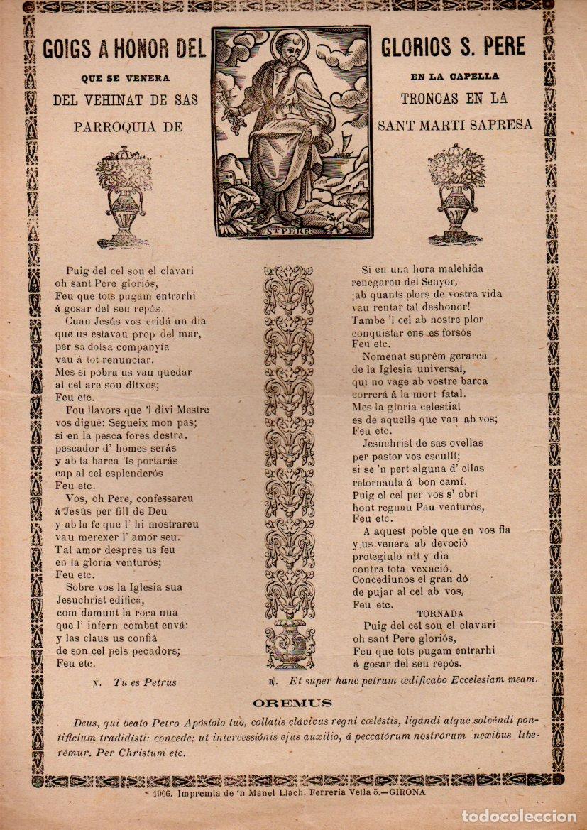 Arte: GOIGS DEL GLORIOS SANT PERE VEHINAT DE SAN TRONCAS SANT MART&Iacute; SAPRESA (1906) IMP.LLACH, GIRONA