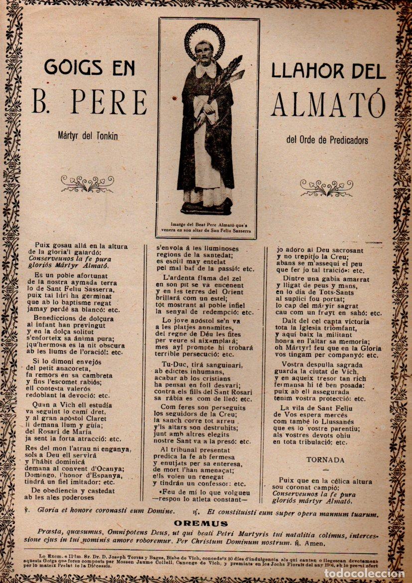 Arte: GOIGS A SANT PERE ALMAT&Oacute; MARTYR DE TONKIN (1906) IMP. ANGLADA, VICH