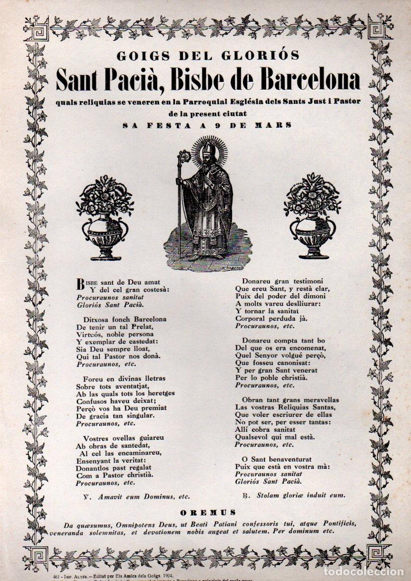 Arte: GOIGS A SANT PACI&Agrave;, BISBE DE BARCELONA (AMICS DELS GOIGS, 1924)