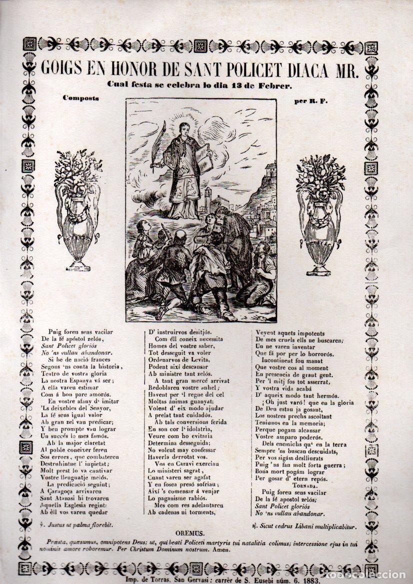 Arte: GOIGS DEL SANT POLICET DIACA (IMP. TORRAS, SAN GERVASI, 1883)