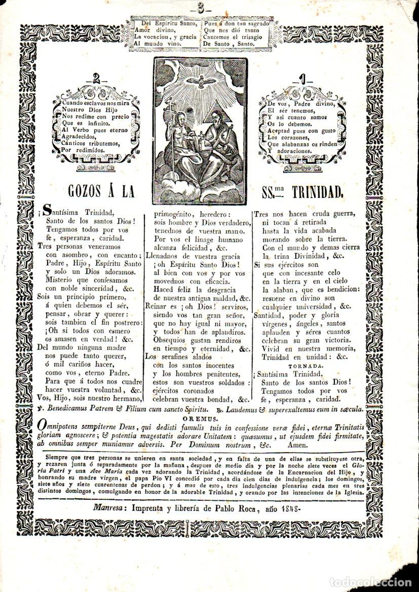 Arte: GOIGS GOZOS A LA SSMA. TRINIDAD (IMP. PABLO ROCA, MANRESA, 1848)
