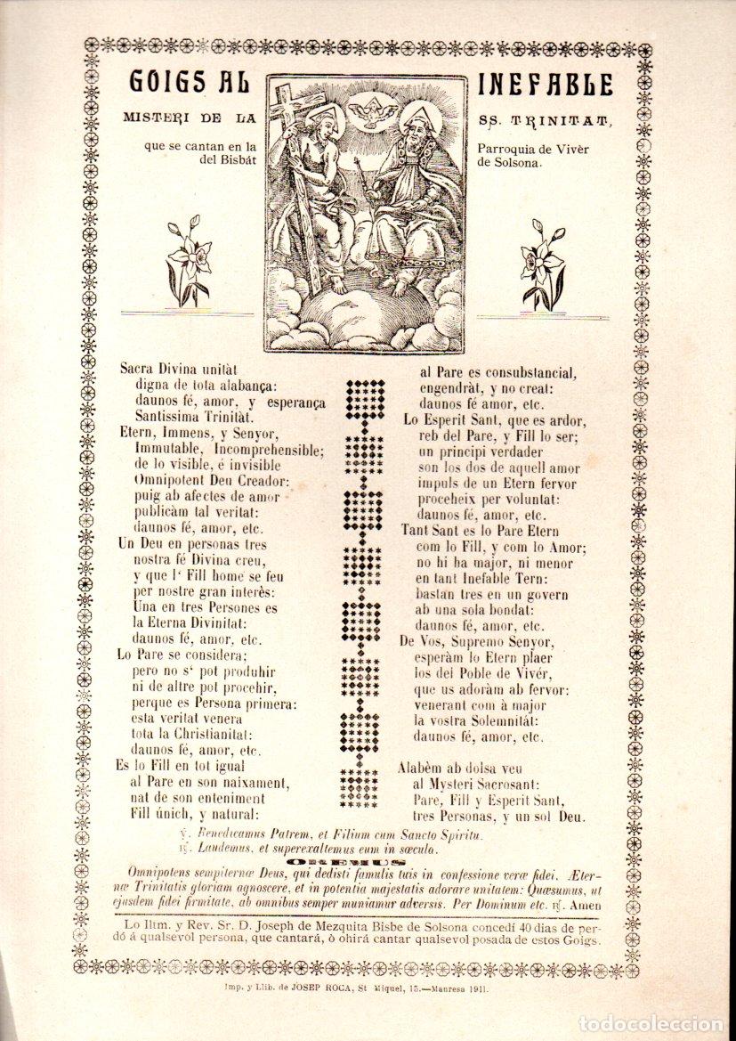 Arte: GOIGS AL INEFABLE MISTERI DE LA TRINITAT - VIVER, SOLSONA (IMP. JOSEP ROCA, MANRESA, 1911)