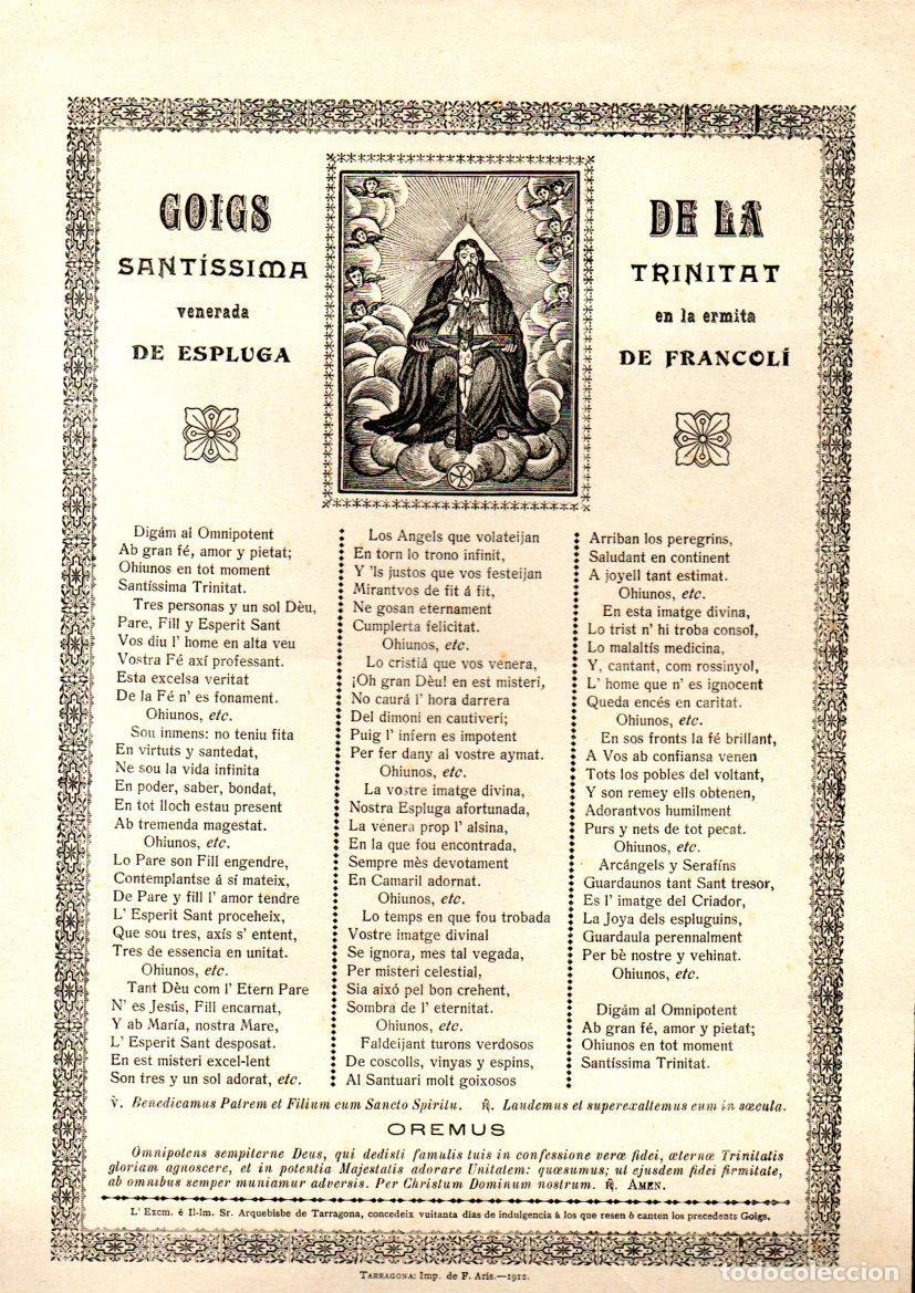 Arte: GOIGS I DE LA SANTISSIMA TRINITAT - ESPLUGA DE FRANCOL&Iacute; (IMP. AR&Iacute;S, TARRAGONA, 1912)