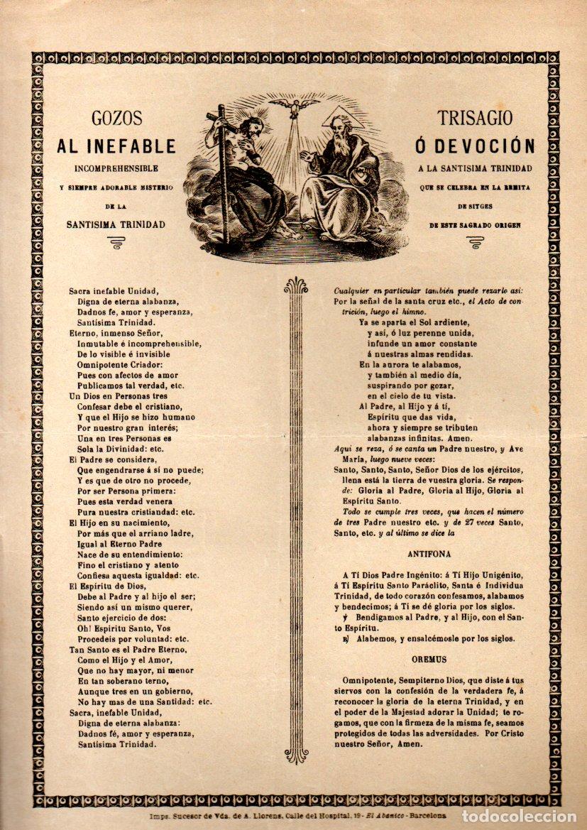 Arte: GOIGS GOZOS AL TRISAGIO DE LA SANTISIMA TRINIDAD - SITGES (IMP. VDA. DE LLORENS, BARCELONA, S.D.)