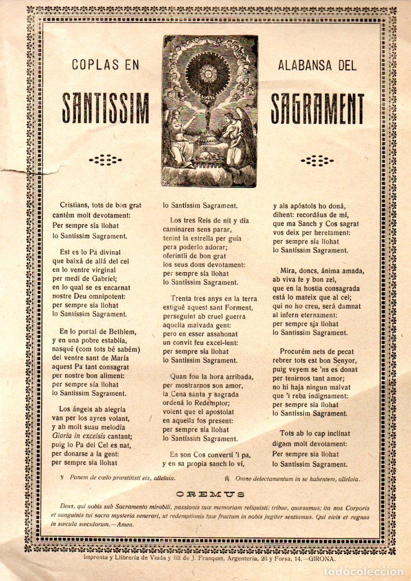 Arte: GOIGS COPLAS AL SANTISSIM SAGRAMENT (IMP. VDA. I FILL DE FRANQUET, GIRONA, S.D.)