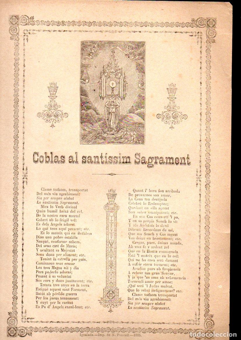 Arte: GOIGS COBLAS AL SANTISSIM SAGRAMENT (IMP. PONCELL, IGUALADA, 1885.)