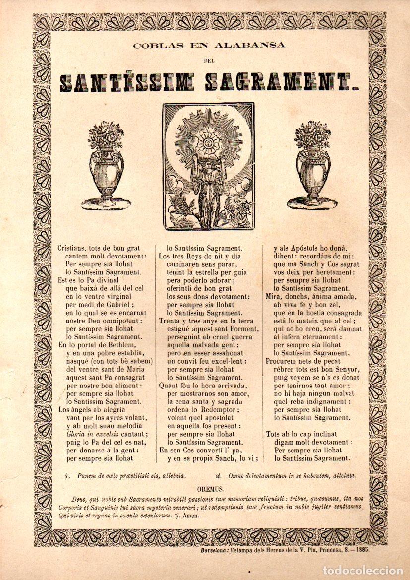 Arte: GOIGS COBLAS AL SANTISSIM SAGRAMENT (HEREUS VDA. PLA, BARCELONA, 1885.)