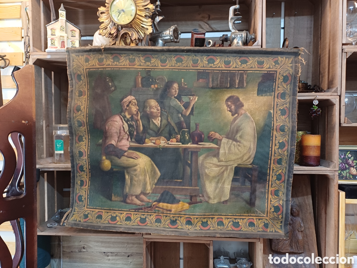 Arte: ANTIGUO TAPIZ PINTADO AL OLEO, ESCENA CENA RELIGIOSA, 89X77 CM.