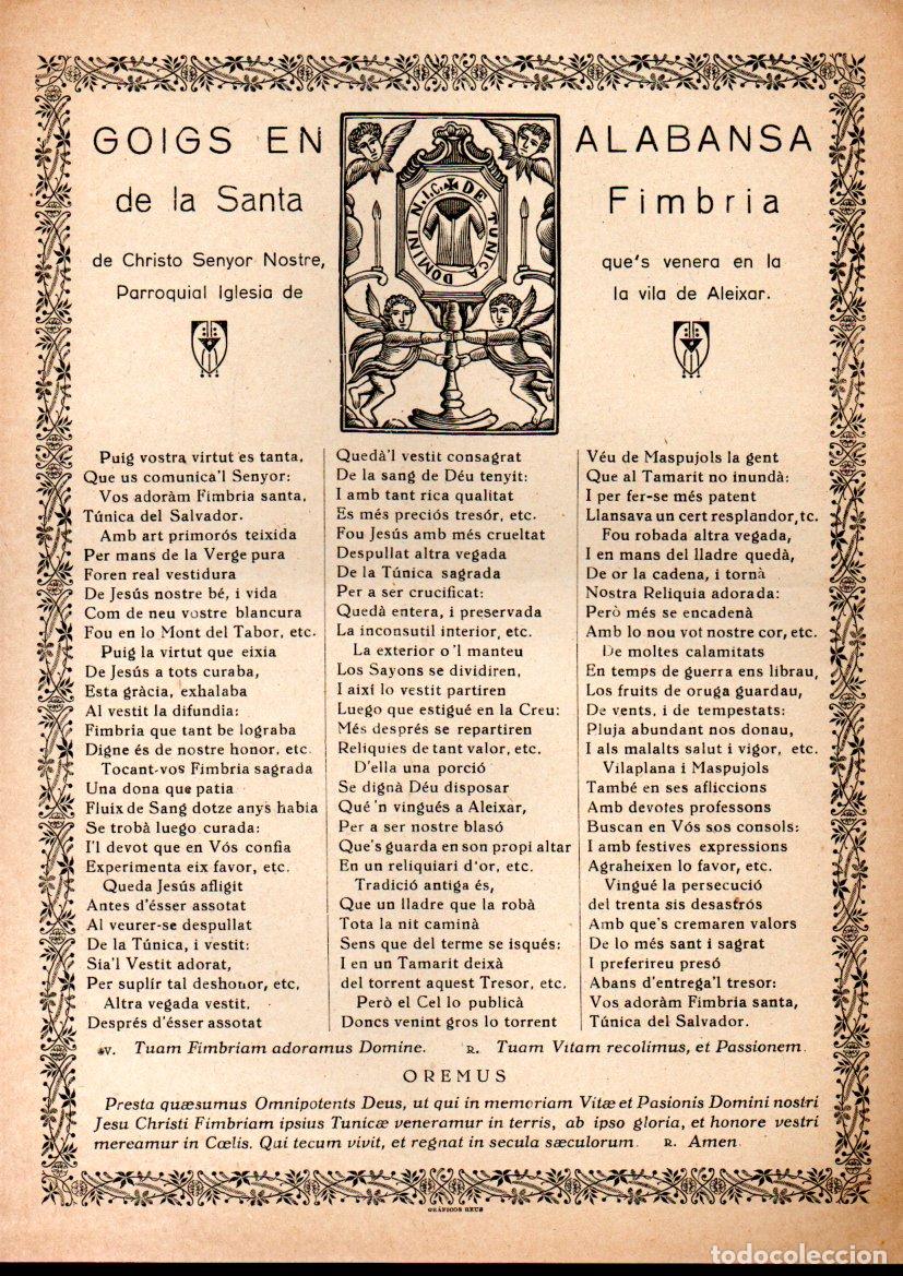 Arte: GOIGS EN ALABANSA DE LA SANTA FIMBRIA DE CHRISTO SENYOR NOSTRE - ALEIXAR (GR&Aacute;FICOS REUS, S.D.)