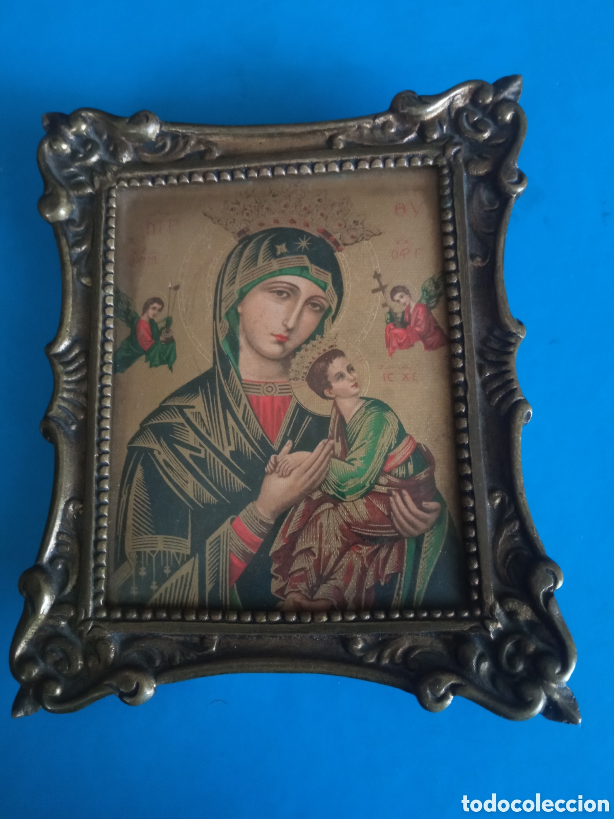 Arte: Antiguo cuadro icono en bronce, Nuestra Se&ntilde;ora del Perpetuo Socorro, mide 13x11cm