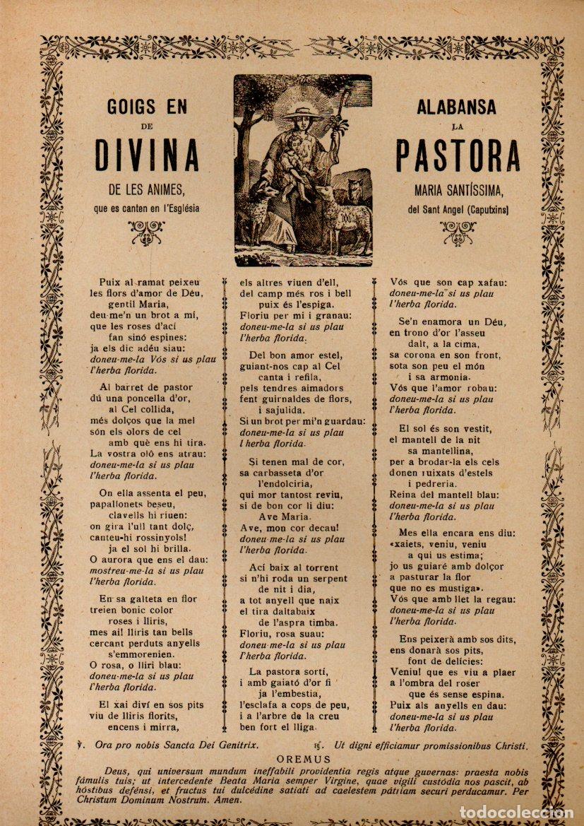 Arte: GOIGS A LA DIVINA PASTORA - SANT ANGEL CAPUTXINS (IMP. ANGLADA, VICH)