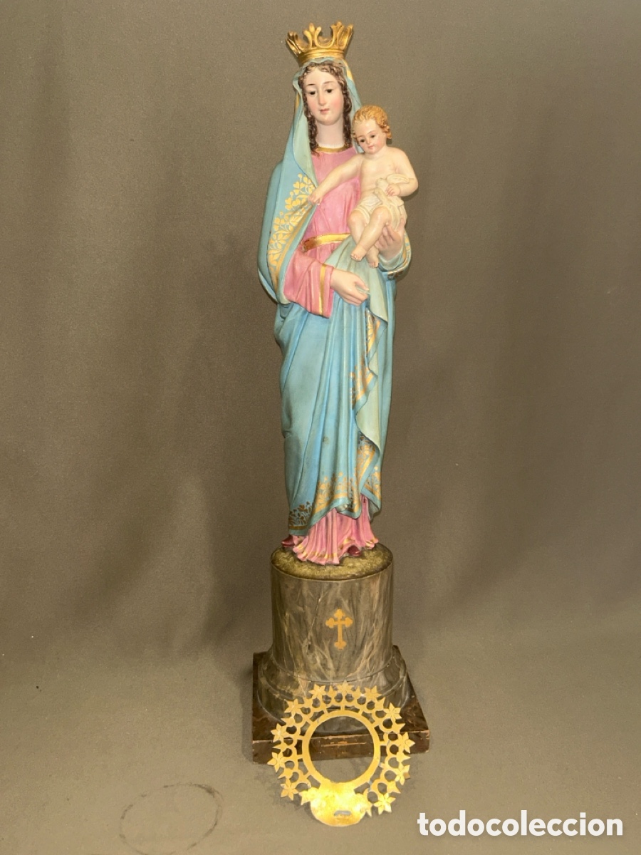 Arte: PRECIOSA VIRGEN MAR&Iacute;A AUXILIADORA CON EL NI&Ntilde;O, ESTUCO POLICROMADO, OJOS DE CRISTAL, OLOT, 60 CM