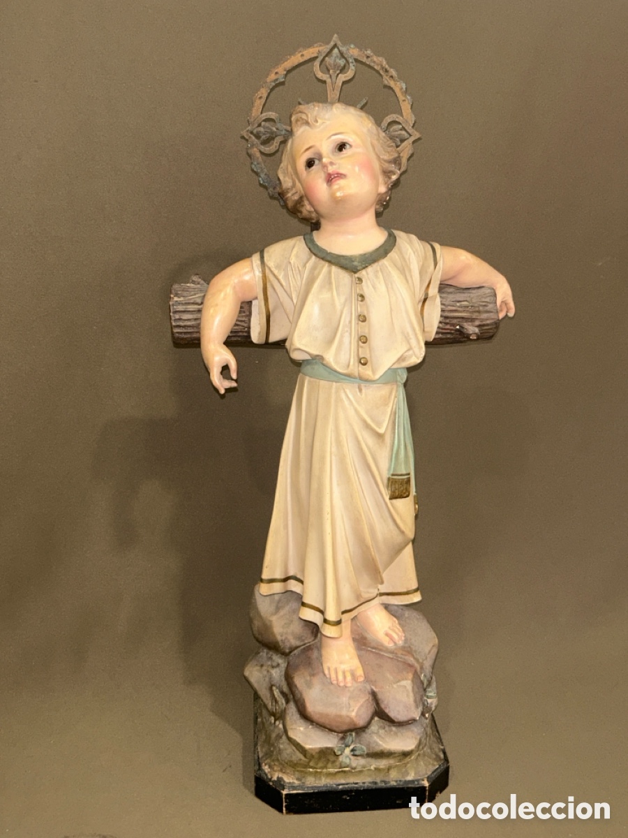 Arte: ANTIGUA IMAGEN NI&Ntilde;O JESUS EN LA CRUZ , EN ESTUCO POLICROMADO CON OJOS DE CRISTAL DE OLOT *VER FOTOS*