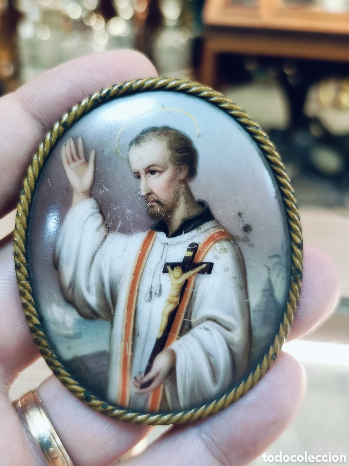 Arte: SAN FRANCISCO JAVIER . OBRA EN MINIATURA .PINTADA AL OLEO SOBRE PLACA DE PORCELANA.SIGLO XIX. 6&times;5 CM