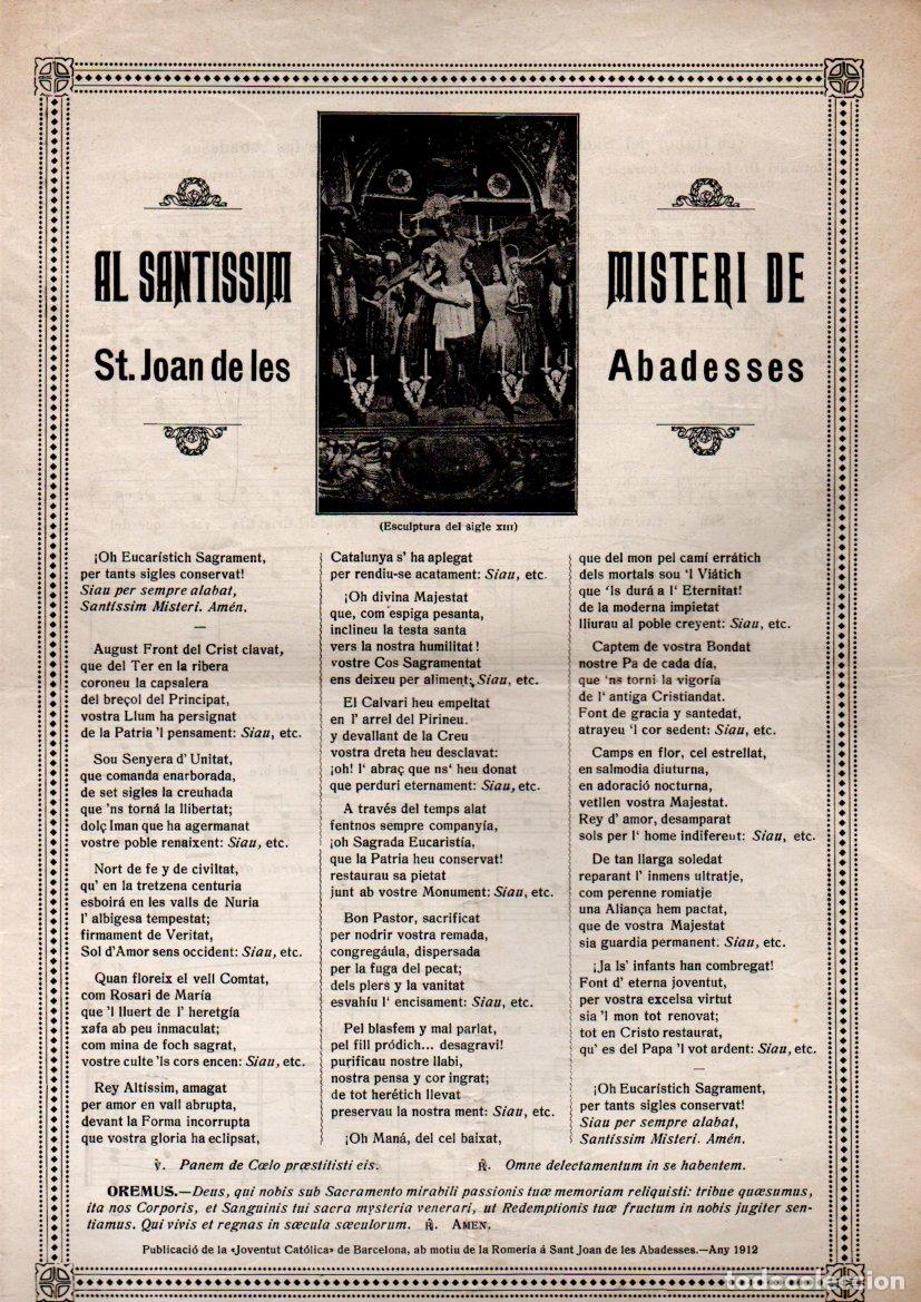 Arte: GOIGS AL SANTISSIM MISTERI DE SANT JOAN DE LES ABADESSES (IMP. LA HORMIGA DE ORO, 1912)