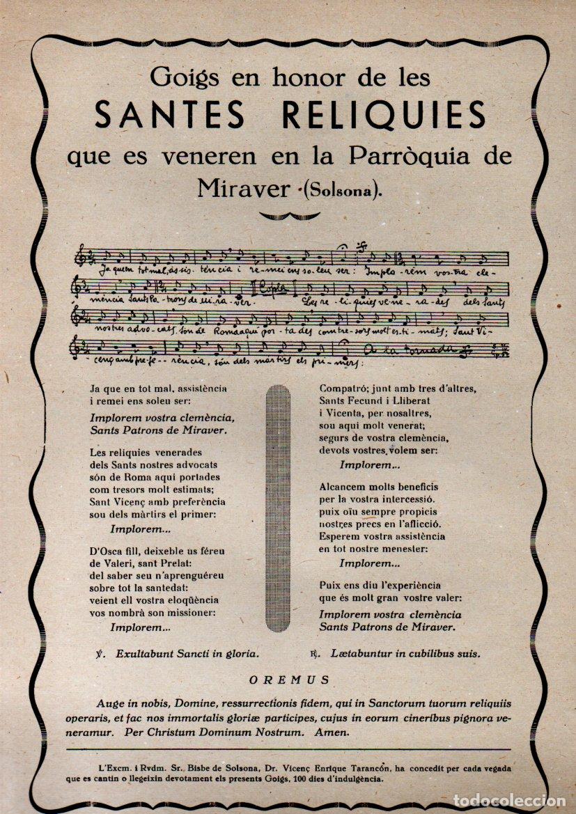 Art: GOIGS DE LES SANTES RELIQUIES DE MIRAVER, SOLSONA (IMP. BACH, 1957)