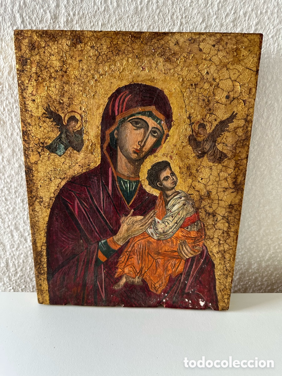 Arte: Icono bizantino Virgen del Perpetuo Socorro con Ni&ntilde;o Jes&uacute;s y Arc&aacute;ngeles sobre madera &ndash; siglo XX