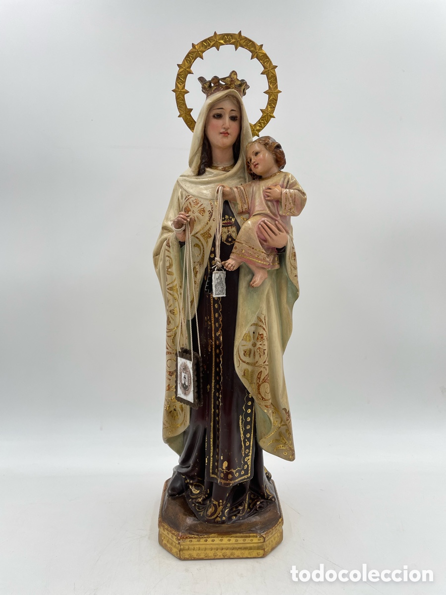 Arte: Escultura religiosa antigua. Virgen del Carmen con el ni&ntilde;o Olot.