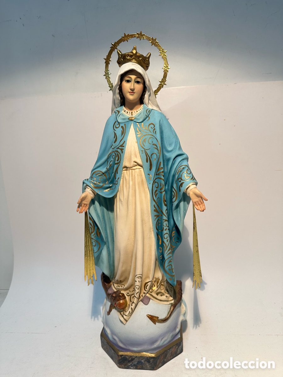 Arte: PRECIOSA VIRGEN MILAGROSA DE ESTUCO Y OJOS DE CRISTAL. MODELO OLOT 47CM.
